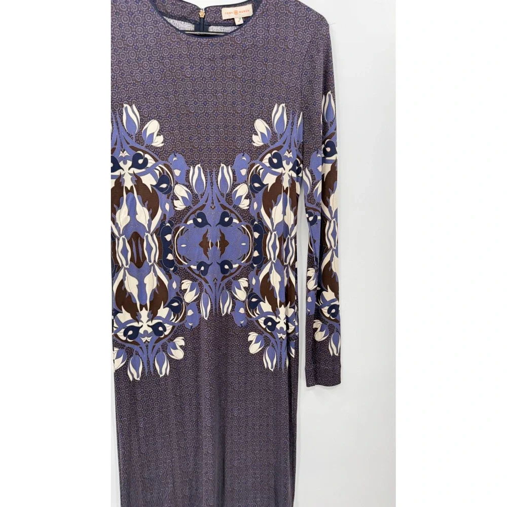 Tory Burch M Midi Sheath‎ Dress Womens Purple Blue Medallion Floral Long Sleeve